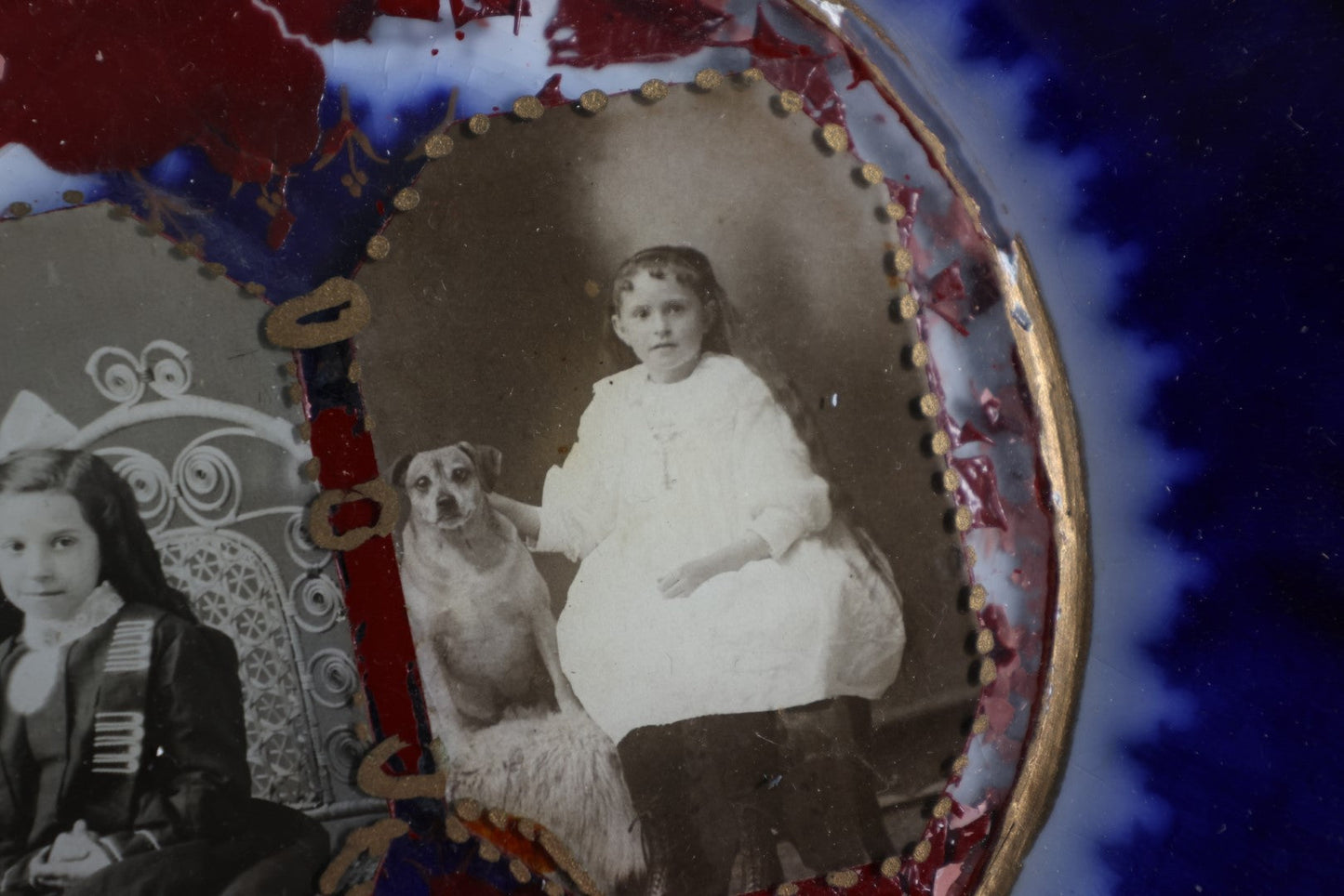 Lot 133 - Antique Porcelain Plate With Unique Photo Application, Two Young Girls, One With Dog, Vera Cole From Aunt Jeannette, Note Losses To Paint, Wear To Glue Holding Glass Photo Sheet