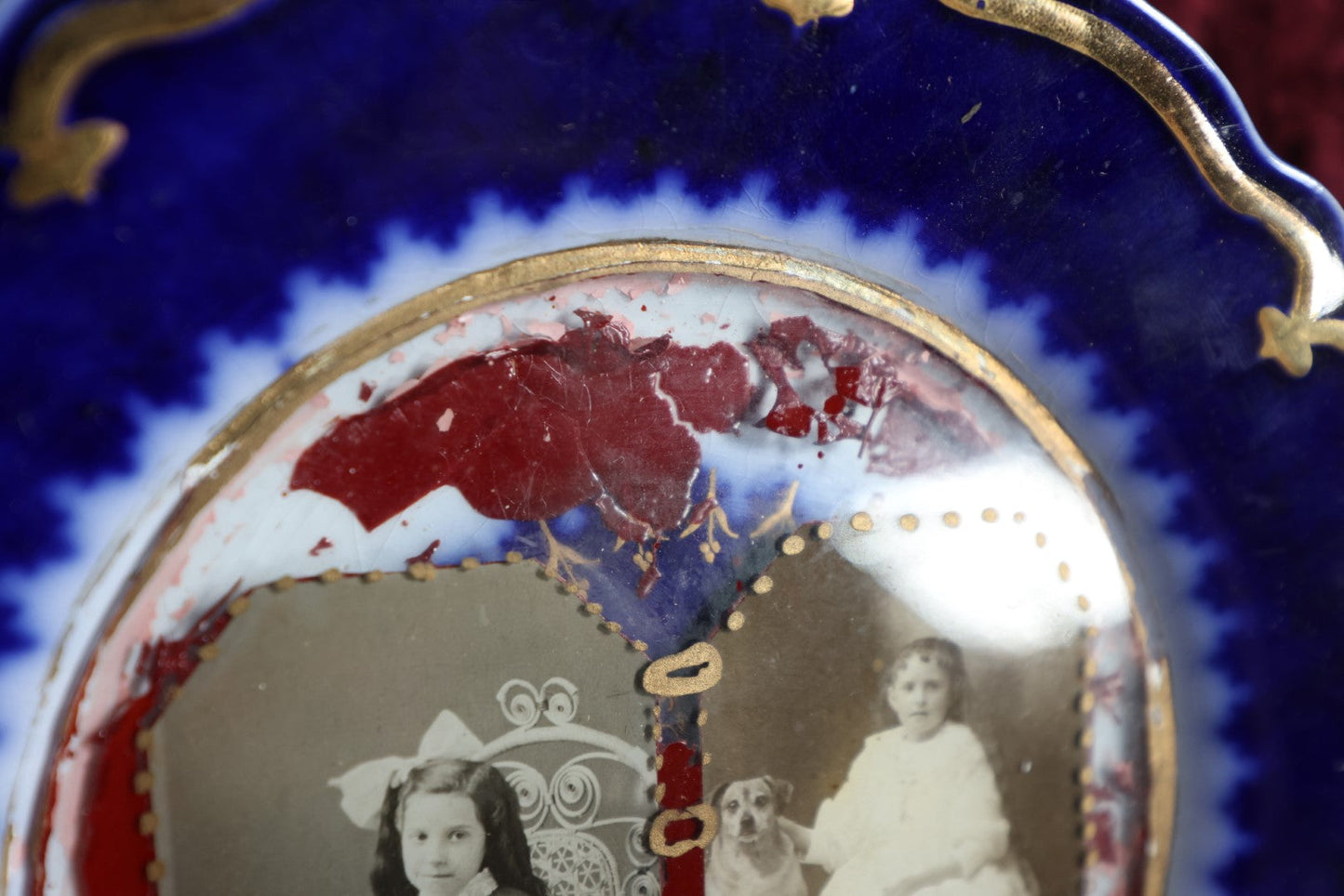 Lot 133 - Antique Porcelain Plate With Unique Photo Application, Two Young Girls, One With Dog, Vera Cole From Aunt Jeannette, Note Losses To Paint, Wear To Glue Holding Glass Photo Sheet