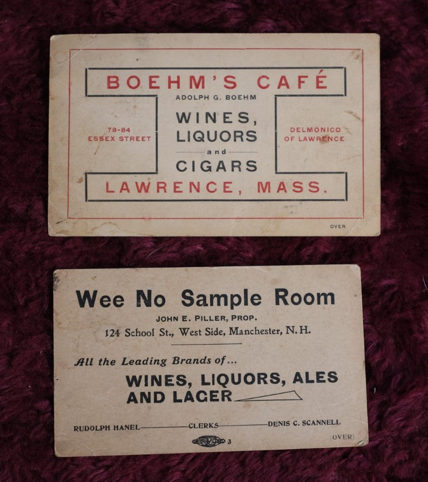 Lot 157 - Pair Of Antique Business Cards For Boehm'S Cafe Wines, Liquors, And Cigars, Lawrence, Mass, And Wee No Sample Room, Liquors, Manchester, N.H., With Playing Cards Motifs