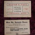 Lot 157 - Pair Of Antique Business Cards For Boehm's Cafe Wines, Liquors, And Cigars, Lawrence, Mass, And Wee No Sample Room, Liquors, Manchester, N.H., With Playing Cards Motifs