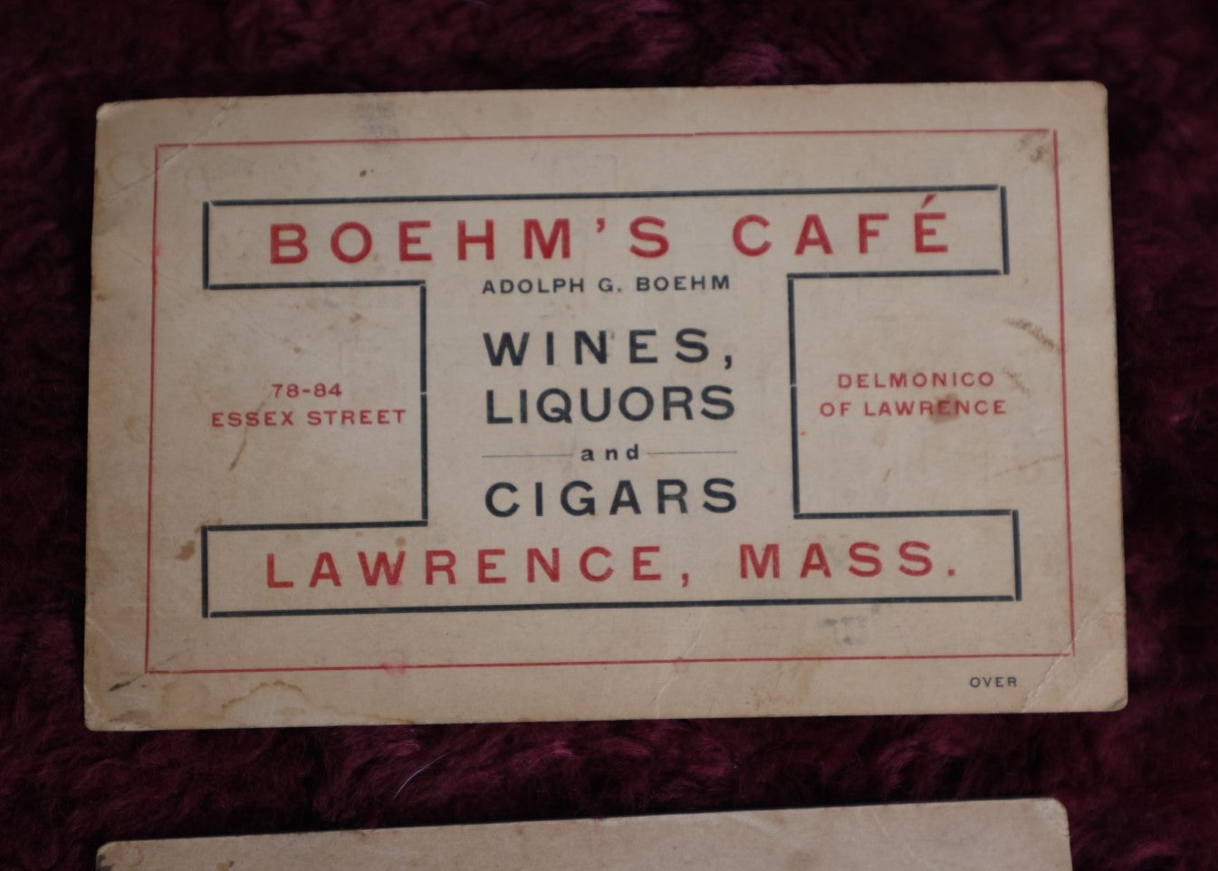 Lot 157 - Pair Of Antique Business Cards For Boehm'S Cafe Wines, Liquors, And Cigars, Lawrence, Mass, And Wee No Sample Room, Liquors, Manchester, N.H., With Playing Cards Motifs