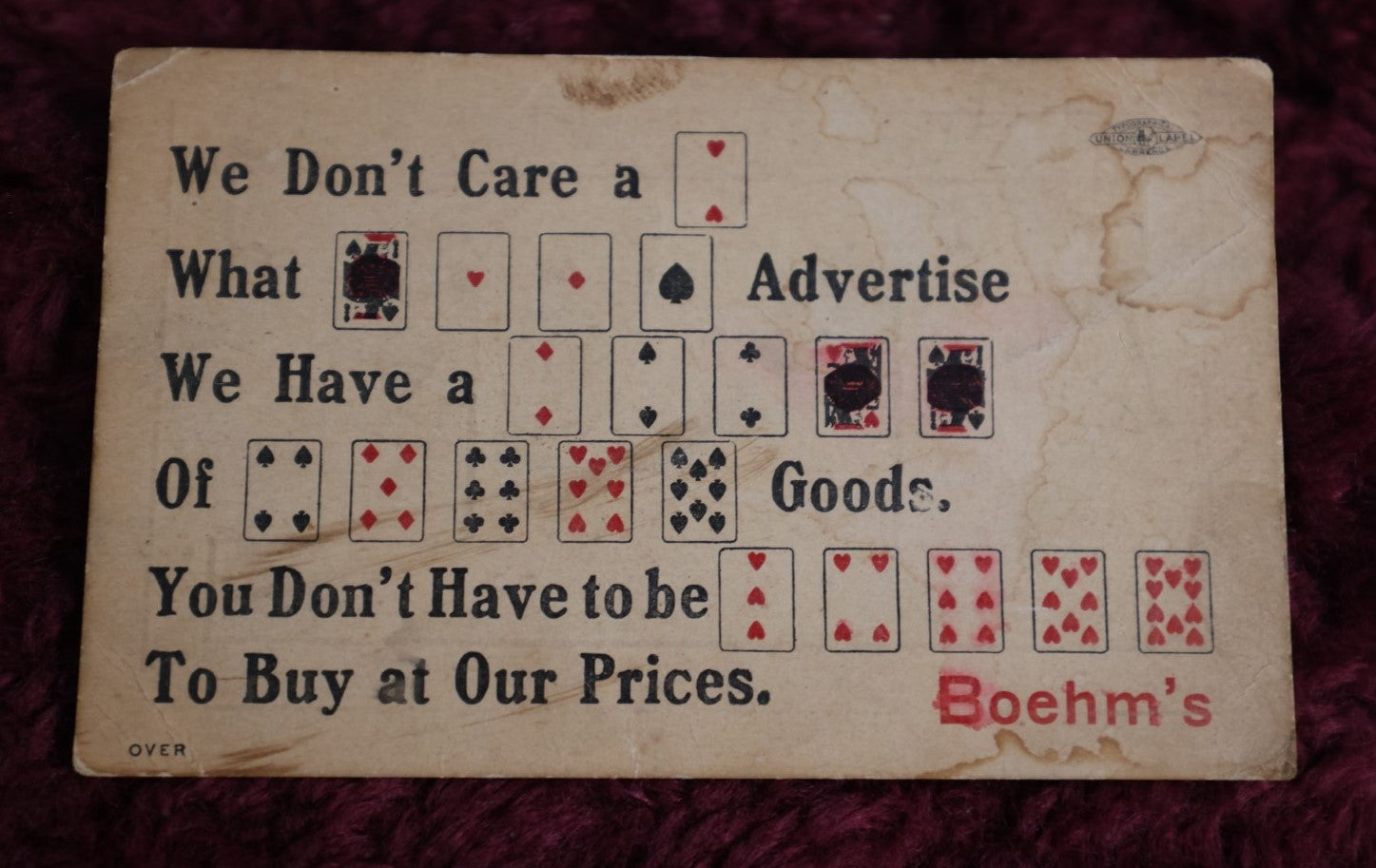 Lot 157 - Pair Of Antique Business Cards For Boehm'S Cafe Wines, Liquors, And Cigars, Lawrence, Mass, And Wee No Sample Room, Liquors, Manchester, N.H., With Playing Cards Motifs