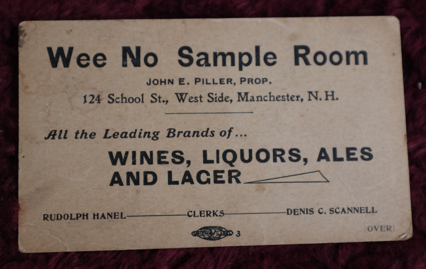 Lot 157 - Pair Of Antique Business Cards For Boehm'S Cafe Wines, Liquors, And Cigars, Lawrence, Mass, And Wee No Sample Room, Liquors, Manchester, N.H., With Playing Cards Motifs