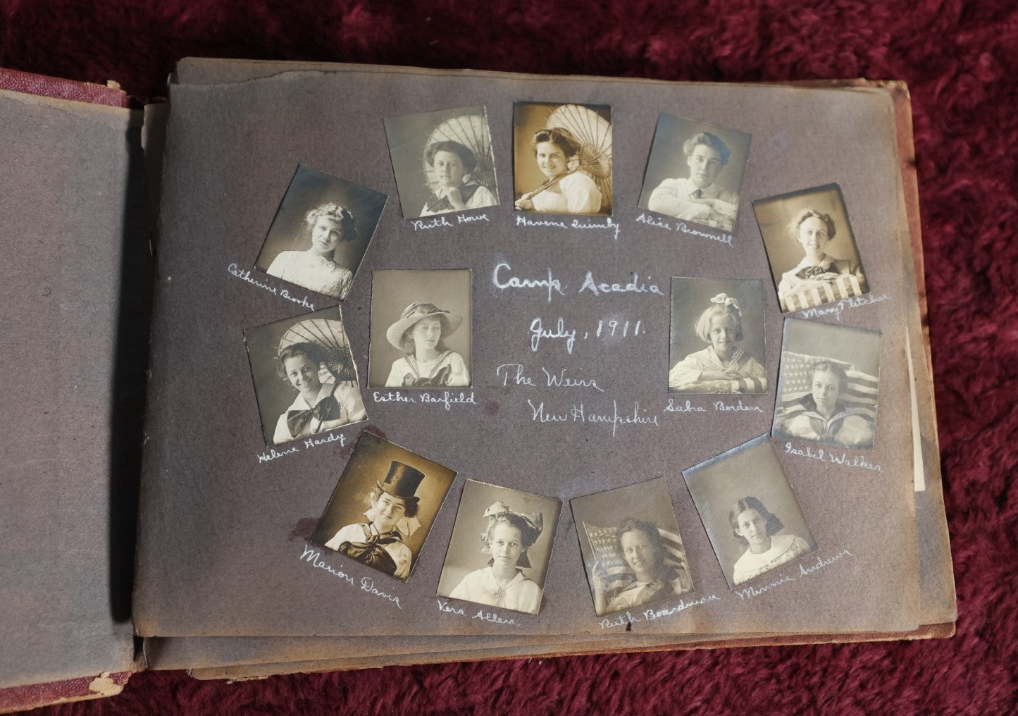 Lot 159 - Antique 1911 Snapshot Photo Album With Photos Of Camp Acadia, The Weirs, New Hampshire, Weirs Beach, Boating, Summer Activities, And More