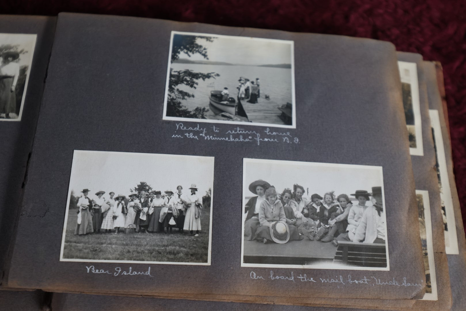 Lot 159 - Antique 1911 Snapshot Photo Album With Photos Of Camp Acadia, The Weirs, New Hampshire, Weirs Beach, Boating, Summer Activities, And More