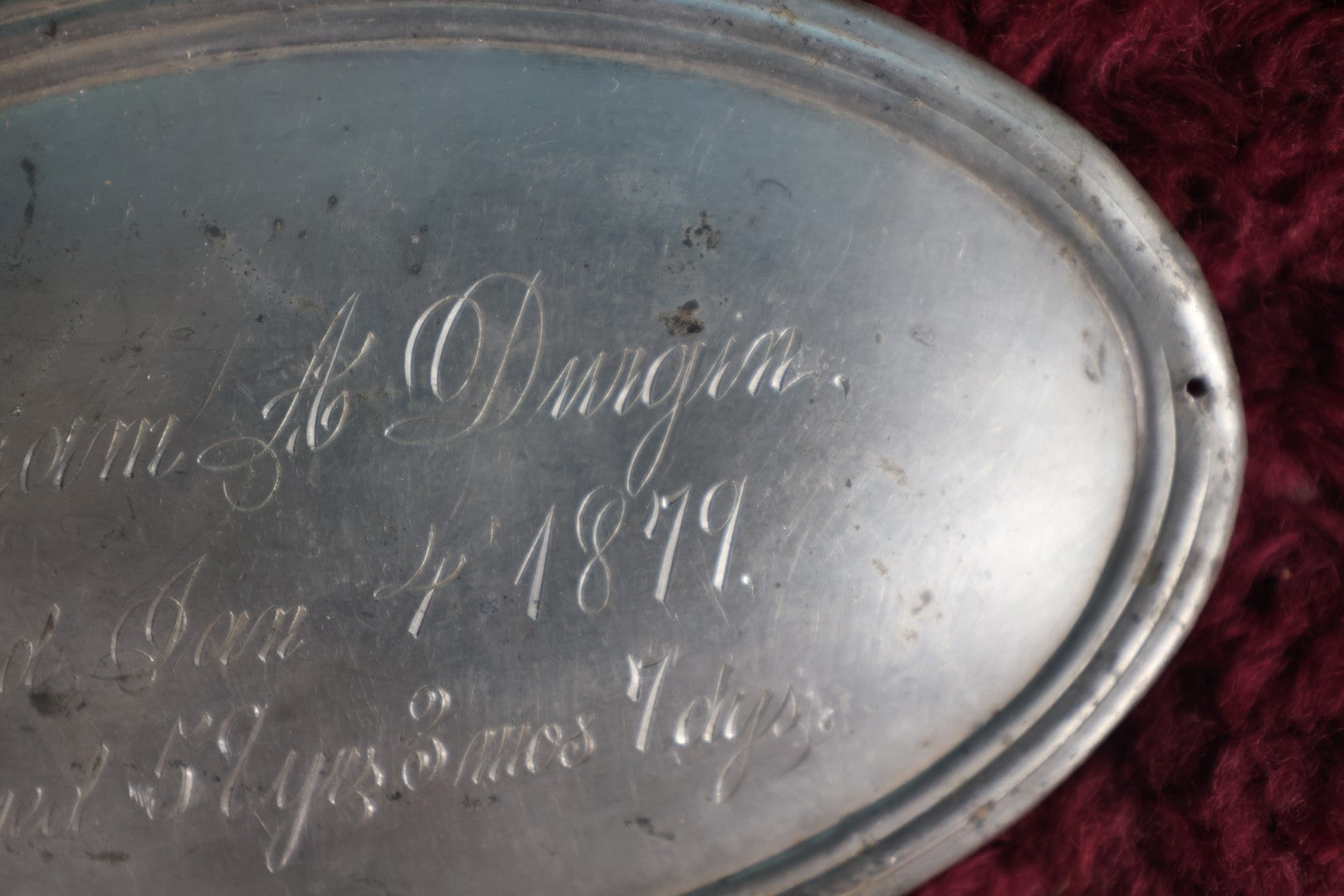 Lot 161 - Casket Plaque For Marriom A. Durgan, Died January 4, 1879, 57 Years Old