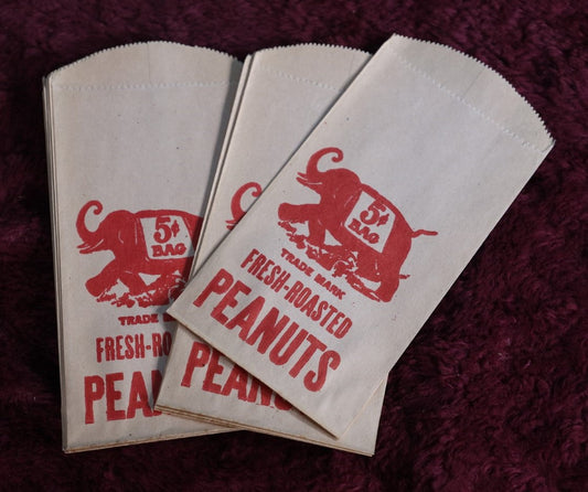 Lot 165 - Grouping Of Ten Antique Fresh Roasted Circus Peanuts Bags, Elephant On Bag, New Old Stock