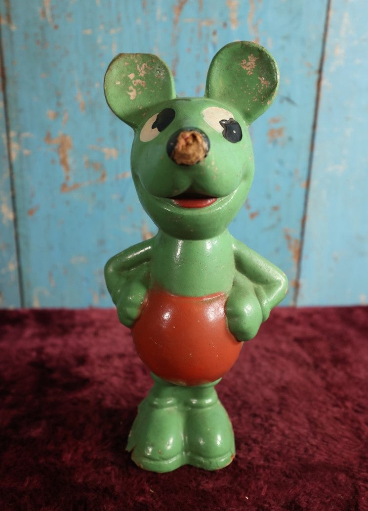 Lot 003 - Antique Early Mickey Mouse Composition Statue In Green And Red Color, 1930s, Losses To Composition, Paint, Wear