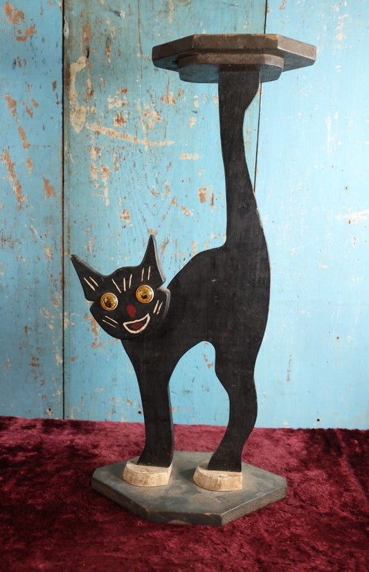 Lot 004 - Antique Folk Art Wooden Halloween Black Cat Silent Butler Ashtray Stand With Yellow Plastic Eyes, Green Base