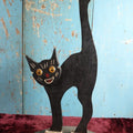Lot 004 - Antique Folk Art Wooden Halloween Black Cat Silent Butler Ashtray Stand With Yellow Plastic Eyes, Green Base