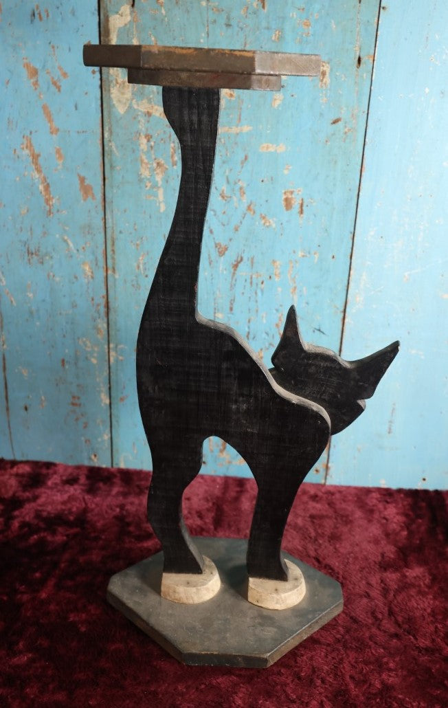 Lot 004 - Antique Folk Art Wooden Halloween Black Cat Silent Butler Ashtray Stand With Yellow Plastic Eyes, Green Base