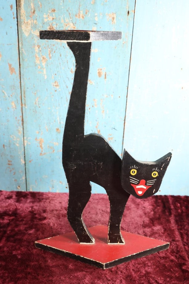 Lot 005 - Antique Folk Art Wooden Halloween Black Cat Silent Butler Ashtray Stand With Painted Face, Red Diamond Base