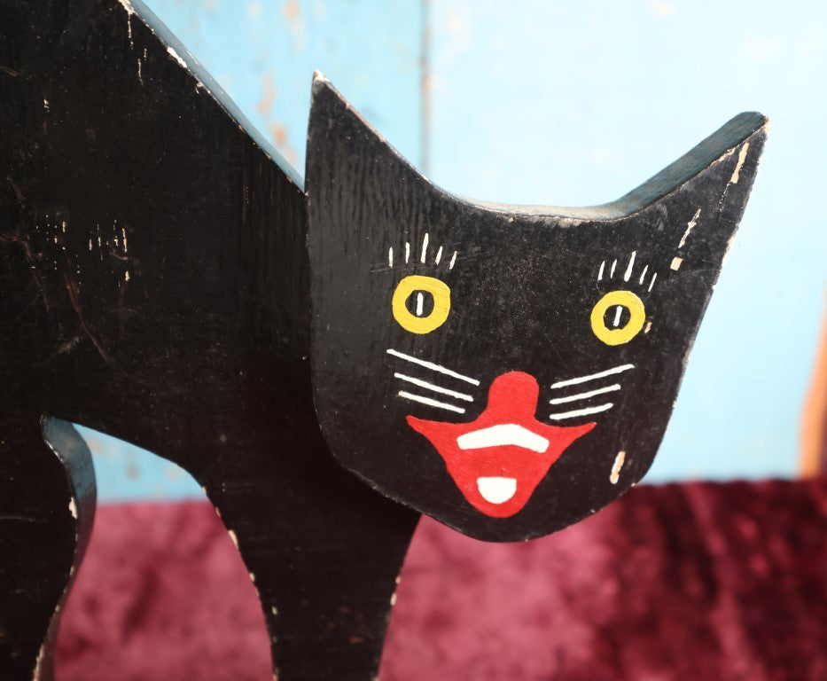 Lot 005 - Antique Folk Art Wooden Halloween Black Cat Silent Butler Ashtray Stand With Painted Face, Red Diamond Base