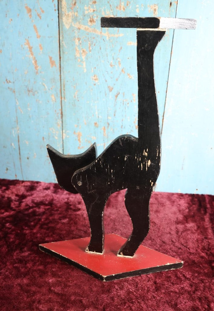 Lot 005 - Antique Folk Art Wooden Halloween Black Cat Silent Butler Ashtray Stand With Painted Face, Red Diamond Base