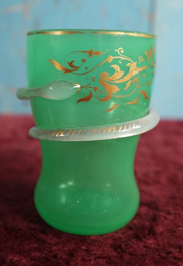 Lot 008 - Antique Uranium Glass Cup Or Vase With Snake Wrapped Around, Hand Painted Gold Details, Note Two + Chips, Glows Under Black Light