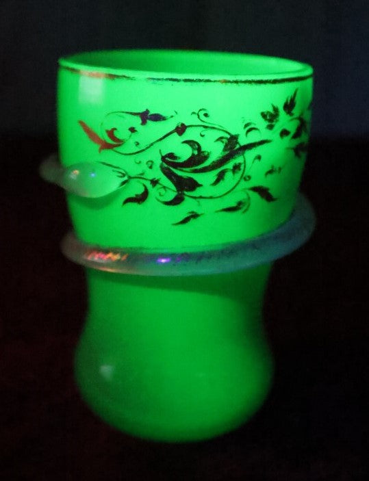 Lot 008 - Antique Uranium Glass Cup Or Vase With Snake Wrapped Around, Hand Painted Gold Details, Note Two + Chips, Glows Under Black Light