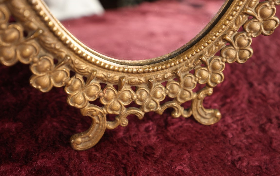 Lot 009 - Antique Cast Iron Mirror Frame With Clover Motif Surround, Kickstand, Newer Mirror Glass And Backing