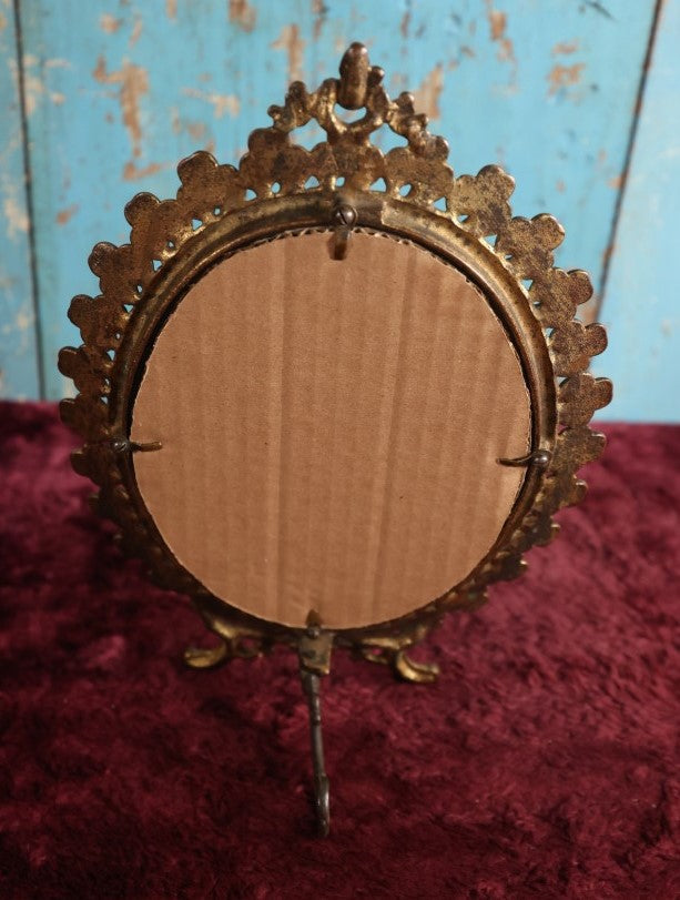 Lot 009 - Antique Cast Iron Mirror Frame With Clover Motif Surround, Kickstand, Newer Mirror Glass And Backing