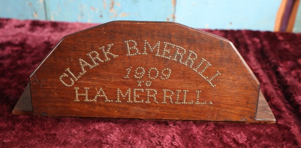 Lot 010 - Unique Wooden Sewing Machine Part With Hand Hammered Nail Lettering "Clark B. Merrill1909 To H.A. Merrill," Likely A Gift From Husband To Wife