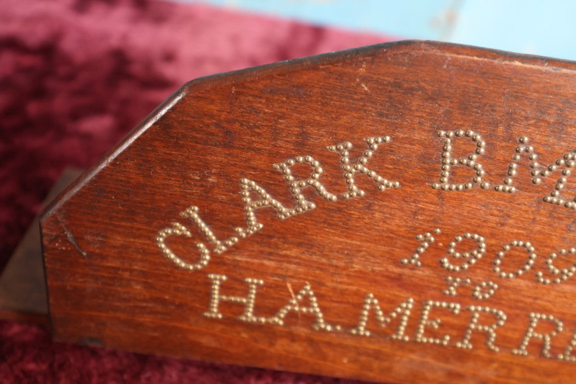 Lot 010 - Unique Wooden Sewing Machine Part With Hand Hammered Nail Lettering "Clark B. Merrill1909 To H.A. Merrill," Likely A Gift From Husband To Wife