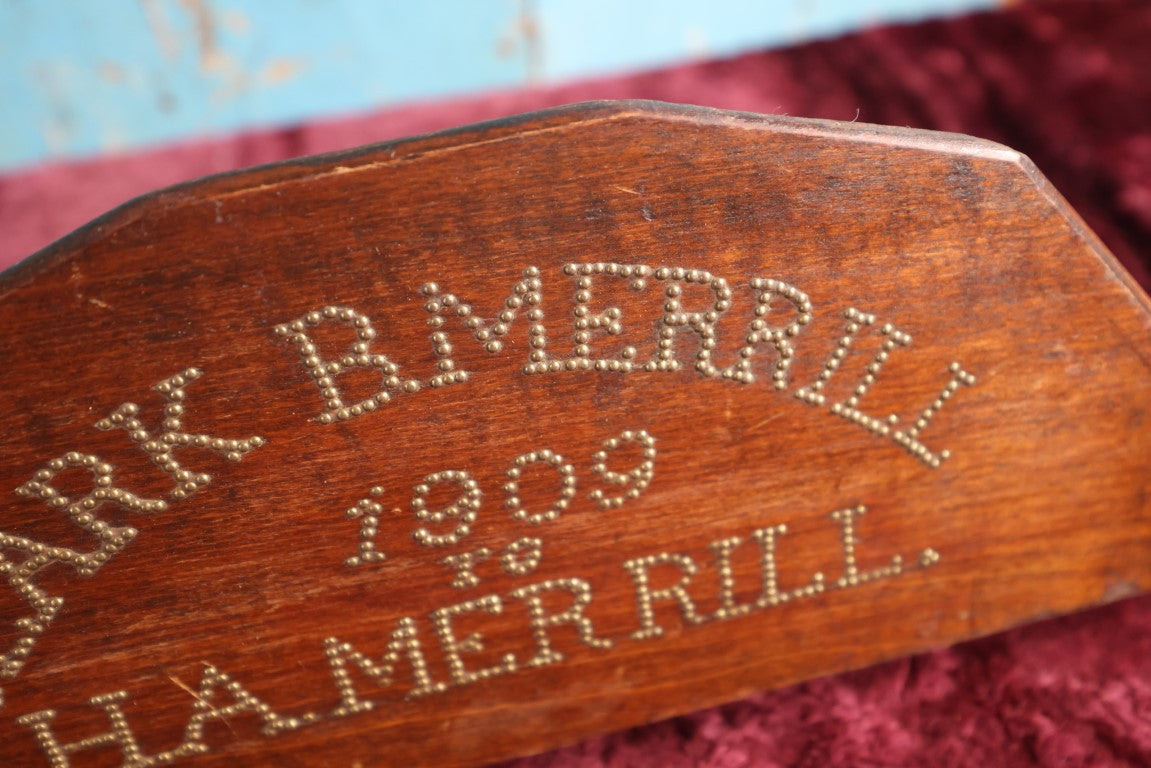 Lot 010 - Unique Wooden Sewing Machine Part With Hand Hammered Nail Lettering "Clark B. Merrill1909 To H.A. Merrill," Likely A Gift From Husband To Wife