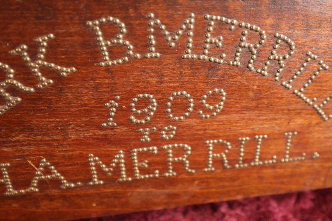 Lot 010 - Unique Wooden Sewing Machine Part With Hand Hammered Nail Lettering "Clark B. Merrill1909 To H.A. Merrill," Likely A Gift From Husband To Wife