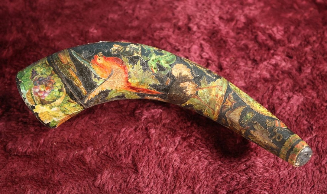 Lot 011 - Antique Folk Art Scrap Decorated Animal Horn, Numerous Victorian Die Cuts Of Animals, Including Dinosaurs And More, Pasted Onto Horn