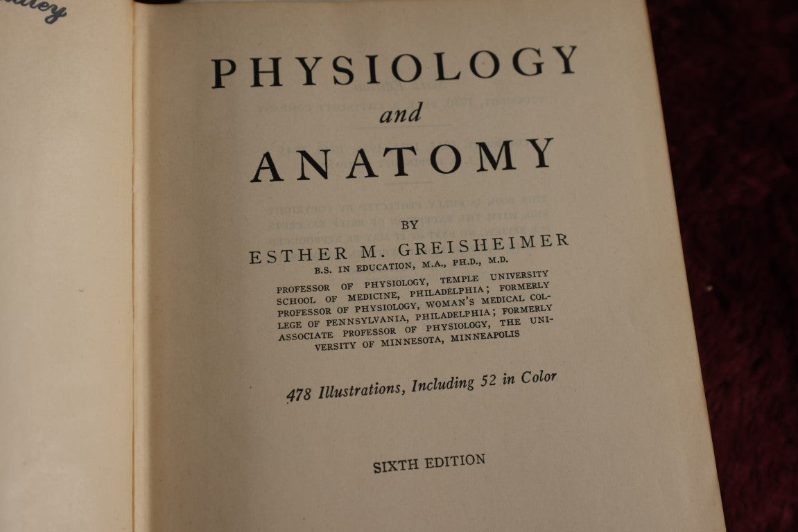 Lot 146 - Physiology And Anatomy, By Exther M. Greisheimer, M.D., Sixth Edition, 1950, Illustrated Medical Book