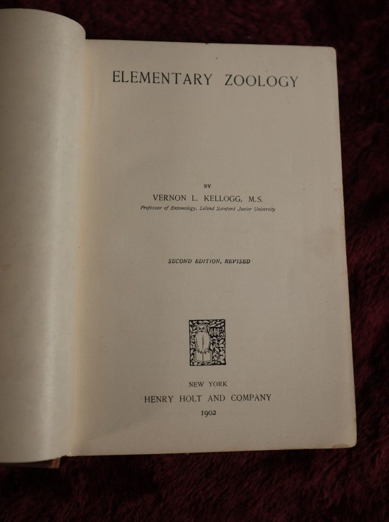 Lot 026 - Elementary Zoology By Vernon. L. Kellogg, M.S., Second Edition, 1902, Illustrated Antique Book, Ex New York City Department Of Education