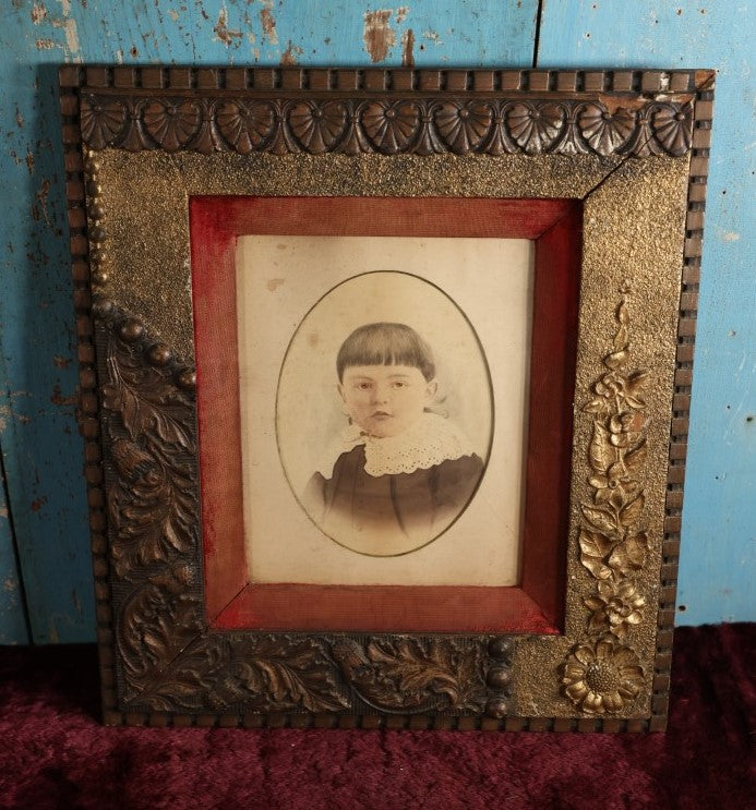 Lot 036 - Antique Framed Hand Tinted Photograph Of Young Girl With Lace Collar, Ornate Frame With Flowers And Leaves, Red Fabric Surround, Original Wood Back