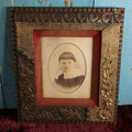 Lot 036 - Antique Framed Hand Tinted Photograph Of Young Girl With Lace Collar, Ornate Frame With Flowers And Leaves, Red Fabric Surround, Original Wood Back