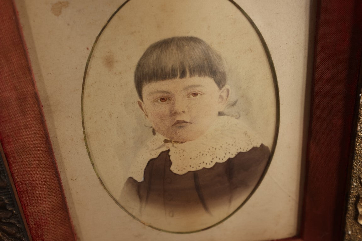 Lot 036 - Antique Framed Hand Tinted Photograph Of Young Girl With Lace Collar, Ornate Frame With Flowers And Leaves, Red Fabric Surround, Original Wood Back