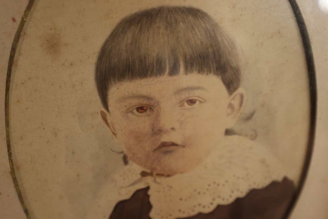 Lot 036 - Antique Framed Hand Tinted Photograph Of Young Girl With Lace Collar, Ornate Frame With Flowers And Leaves, Red Fabric Surround, Original Wood Back