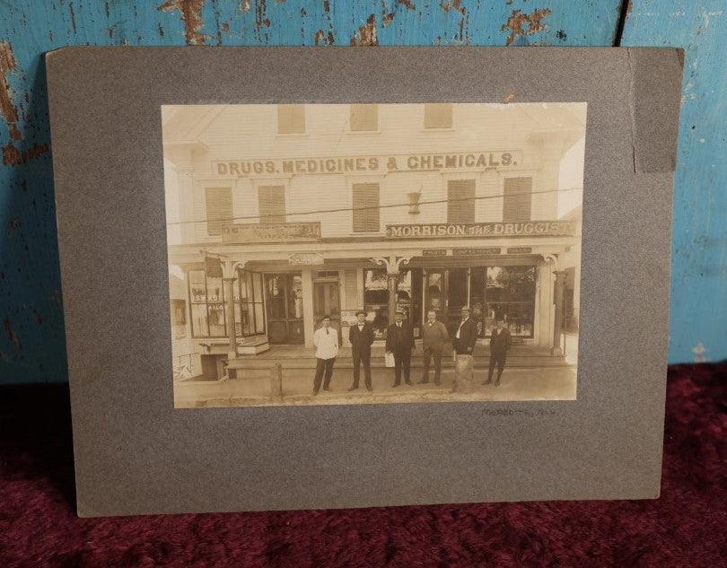 Lot 038 - Antique Boarded Photo Of C.W. Morrison Store On Main Street, Meredith, New Hampshire, "Morrison The Druggist," Many Signs And Advertisements