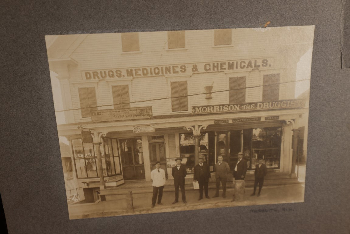 Lot 038 - Antique Boarded Photo Of C.W. Morrison Store On Main Street, Meredith, New Hampshire, "Morrison The Druggist," Many Signs And Advertisements