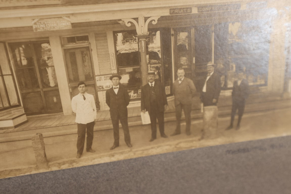 Lot 038 - Antique Boarded Photo Of C.W. Morrison Store On Main Street, Meredith, New Hampshire, "Morrison The Druggist," Many Signs And Advertisements