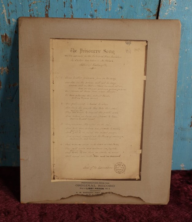 Lot 039 - The Prisoner's Song, Civil War Era Photo Of Song, Written Expressly For The Richmond Prison Association By Captain Issac W. Hart, Photographed From The Original Record Kept At Libby Prison, 1861, Grand Army Of The Republic