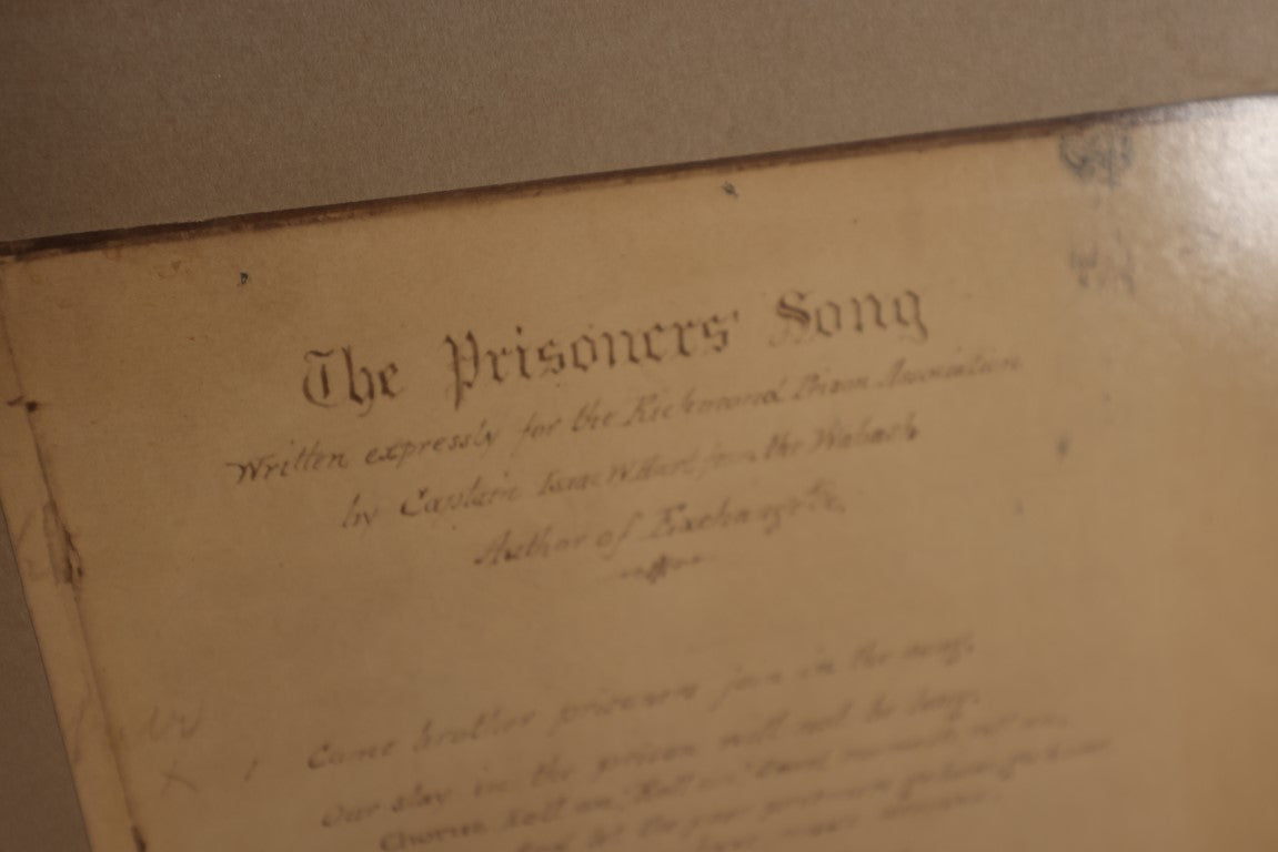 Lot 039 - The Prisoner's Song, Civil War Era Photo Of Song, Written Expressly For The Richmond Prison Association By Captain Issac W. Hart, Photographed From The Original Record Kept At Libby Prison, 1861, Grand Army Of The Republic