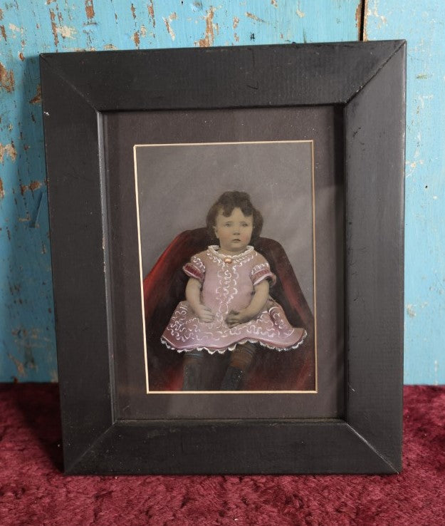 Lot 041 - Antique Hand Tinted, Hand Painted Large Size (Less Than Full) Plate Tintype Of Young Girl In Pink Dress, Modern Frame