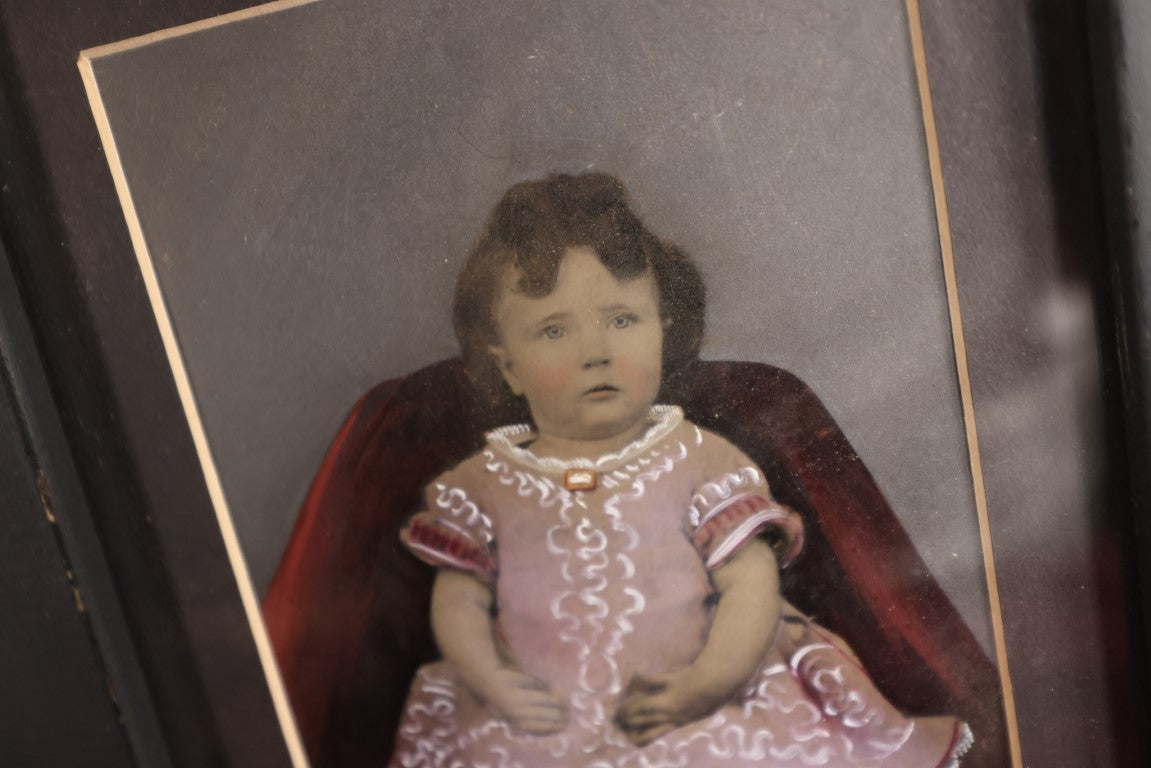 Lot 041 - Antique Hand Tinted, Hand Painted Large Size (Less Than Full) Plate Tintype Of Young Girl In Pink Dress, Modern Frame