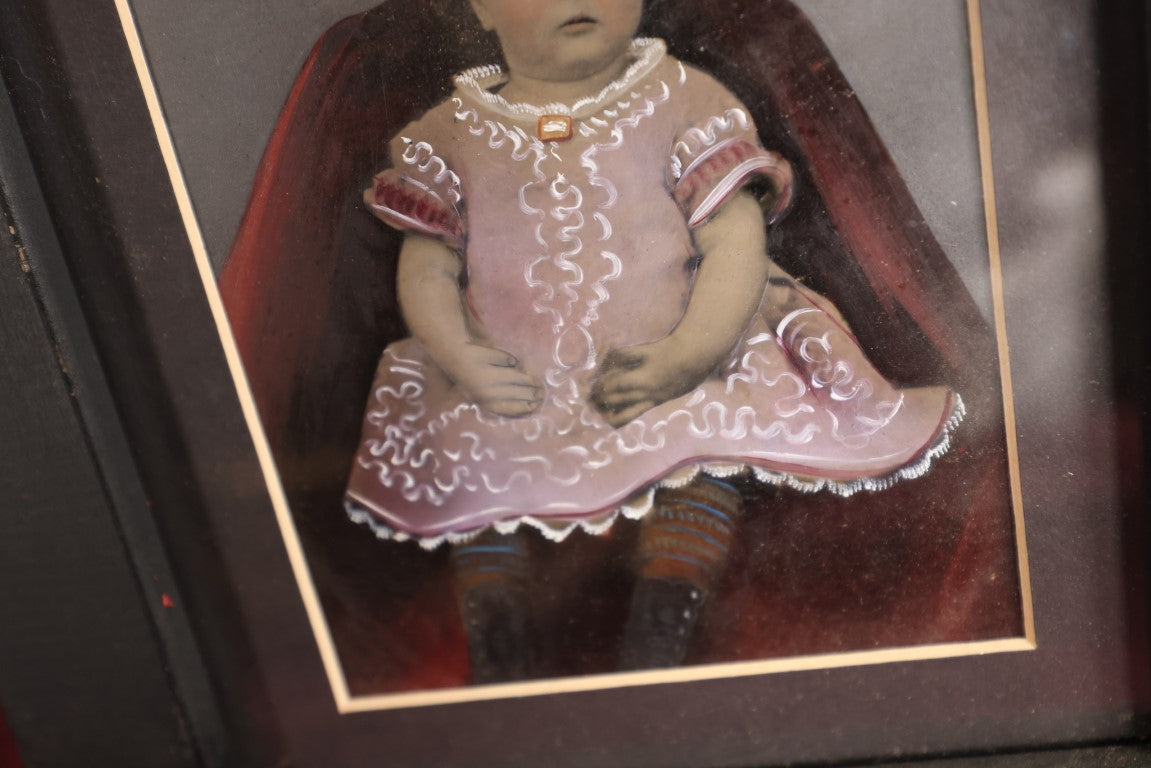 Lot 041 - Antique Hand Tinted, Hand Painted Large Size (Less Than Full) Plate Tintype Of Young Girl In Pink Dress, Modern Frame