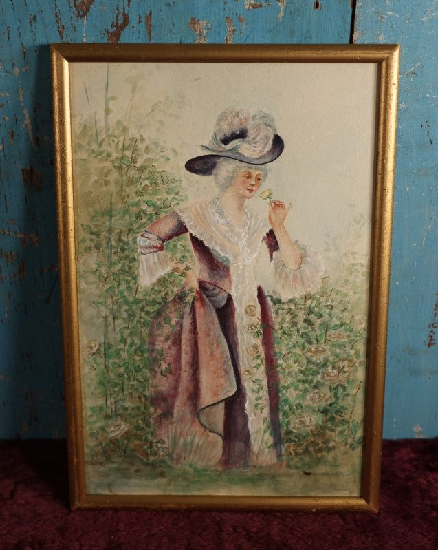 Lot 042 - Antique Watercolor Painting Of Well Dressed Woman Smelling A Flower, No Glass