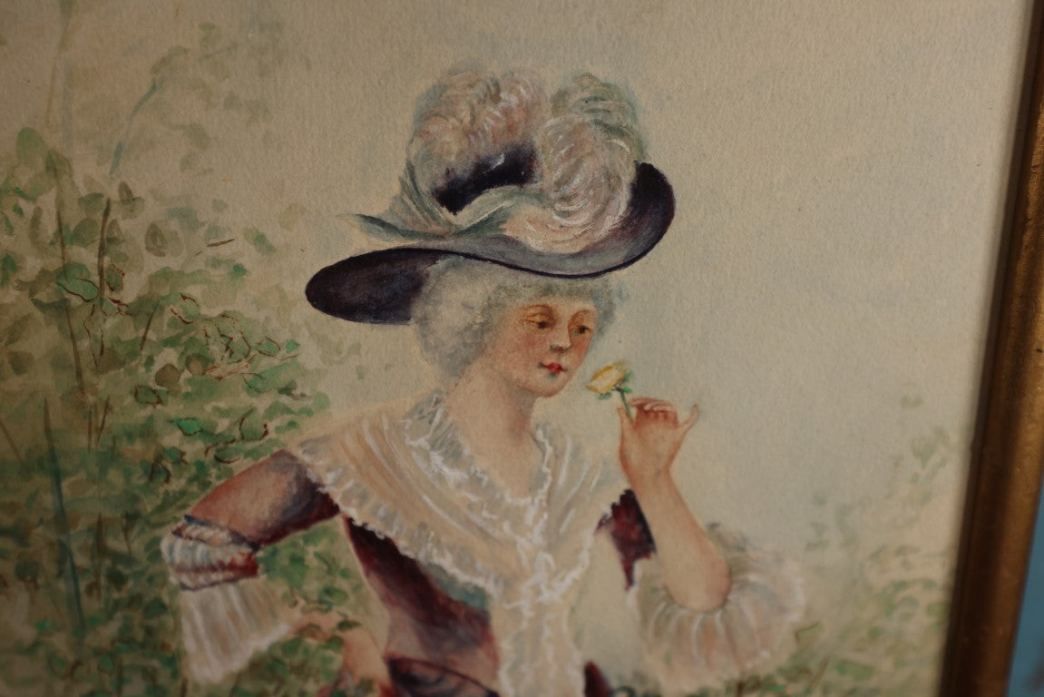 Lot 042 - Antique Watercolor Painting Of Well Dressed Woman Smelling A Flower, No Glass