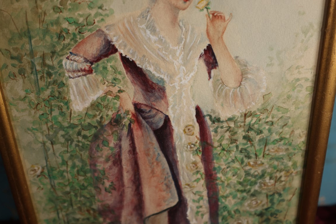 Lot 042 - Antique Watercolor Painting Of Well Dressed Woman Smelling A Flower, No Glass