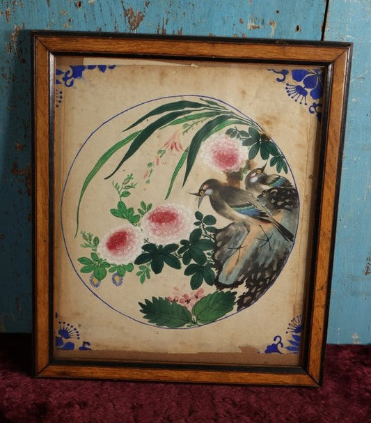 Lot 046 - Antique Watercolor Theorem Painting Of Flowers, Bird, In Frame