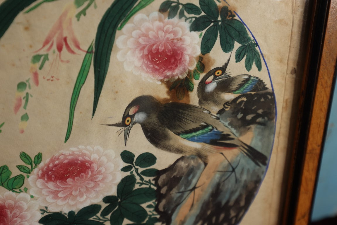 Lot 046 - Antique Watercolor Theorem Painting Of Flowers, Bird, In Frame