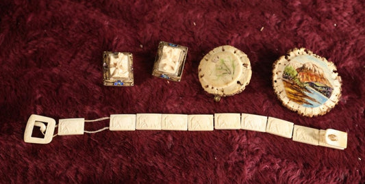 Lot 052 - Five Piece Grouping Of Carved Bone And Antler Jewelry, Including Clip On Earrings, Carbed Bone Bracelet With Elephant Motif, Pair Of Hand Painted Antler Stem Brooches