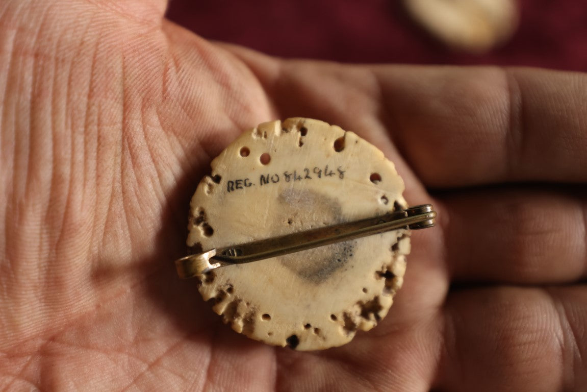 Lot 052 - Five Piece Grouping Of Carved Bone And Antler Jewelry, Including Clip On Earrings, Carbed Bone Bracelet With Elephant Motif, Pair Of Hand Painted Antler Stem Brooches