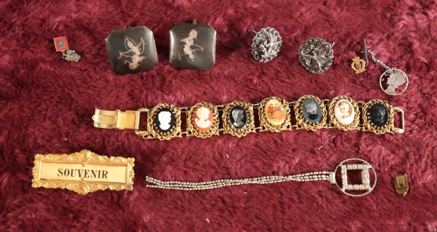 Lot 053 - Eleven Piece Mixed Jewelry Grouping Including Sterling Silver Thai Cufflinks, Tiny Pin Marked 10K, Mercury Dime Jewelry, And More