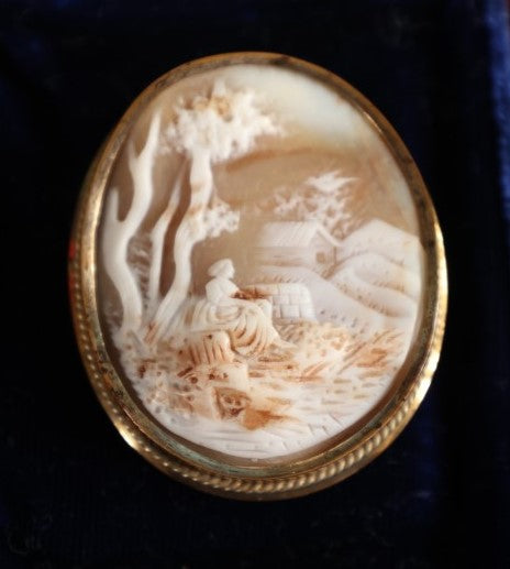 Lot 054 - Antique Cameo Brooch Depicting Wooden Sitting Beneath Tree On Farm, Hill, Nice Setting, Pinback, Note Repaired Crack In Cameo